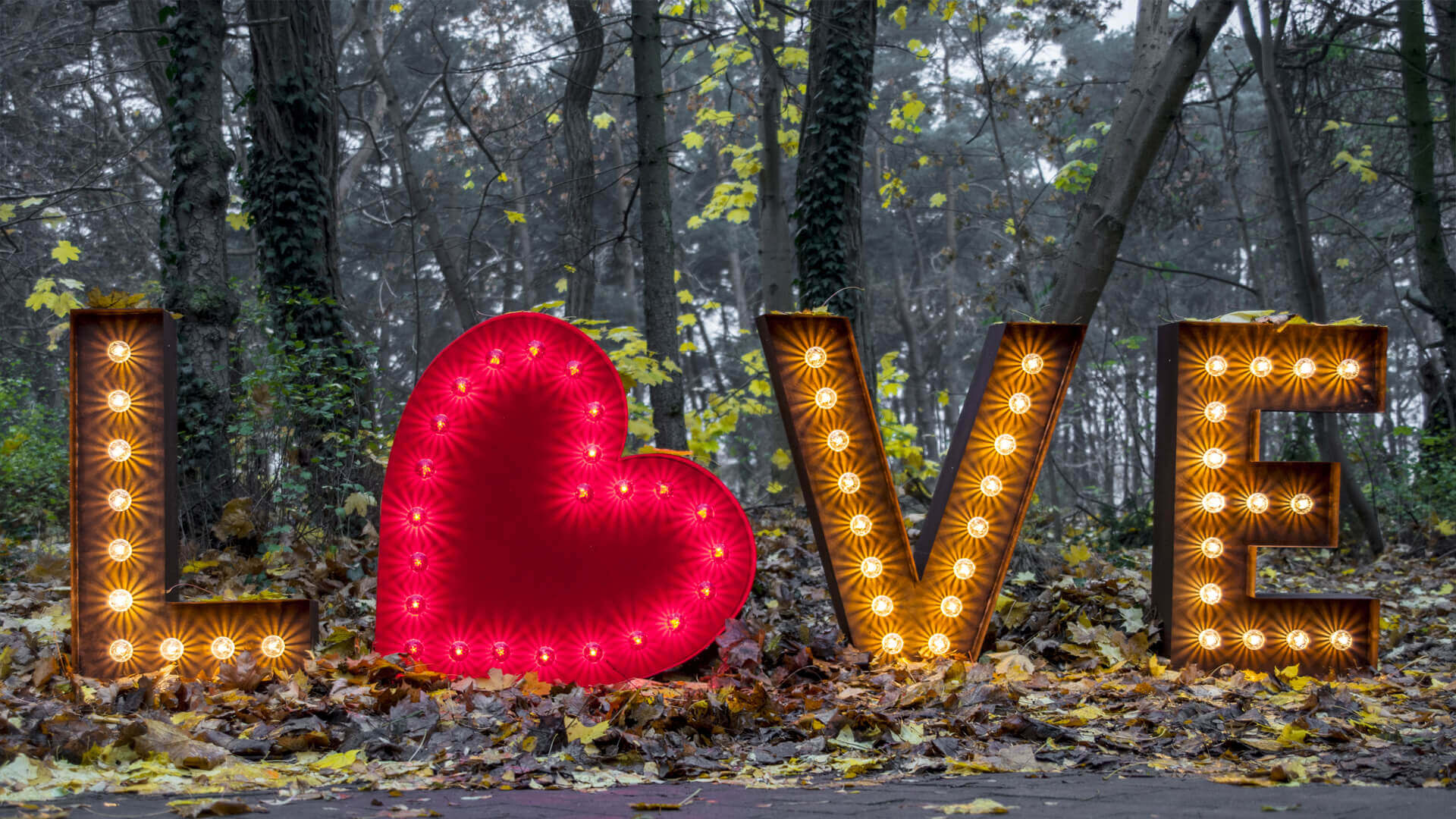 LOVE inscriptie samengesteld uit lichtgevende letters